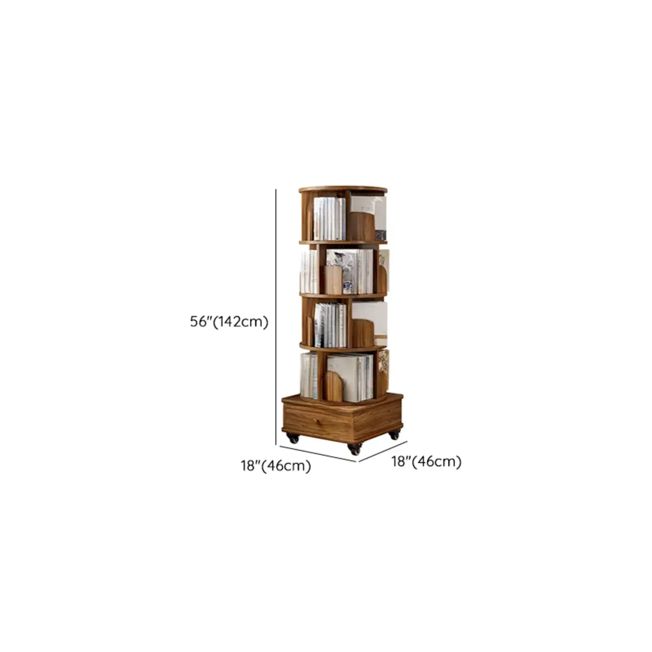 Narrow Wood 5-Tier Revolver Sliding Bookcase with Drawer #size