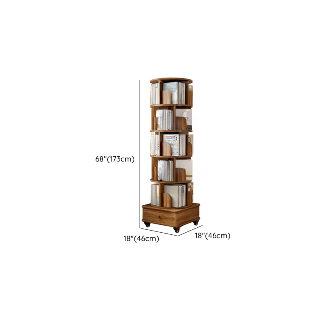 Narrow Wood 5-Tier Revolver Sliding Bookcase with Drawer Image - 17 | homeyfad