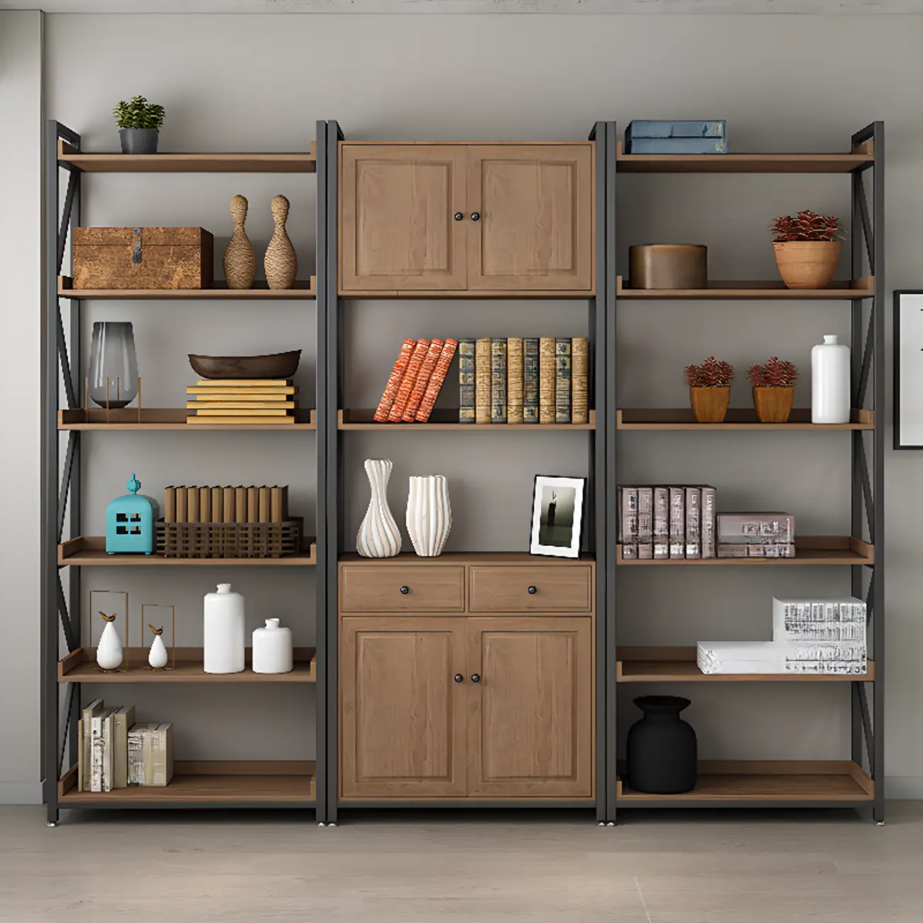 Rustic Brown Metal 6-shelf Open Bookcase with Cabinet Image - 1 | homeyfad