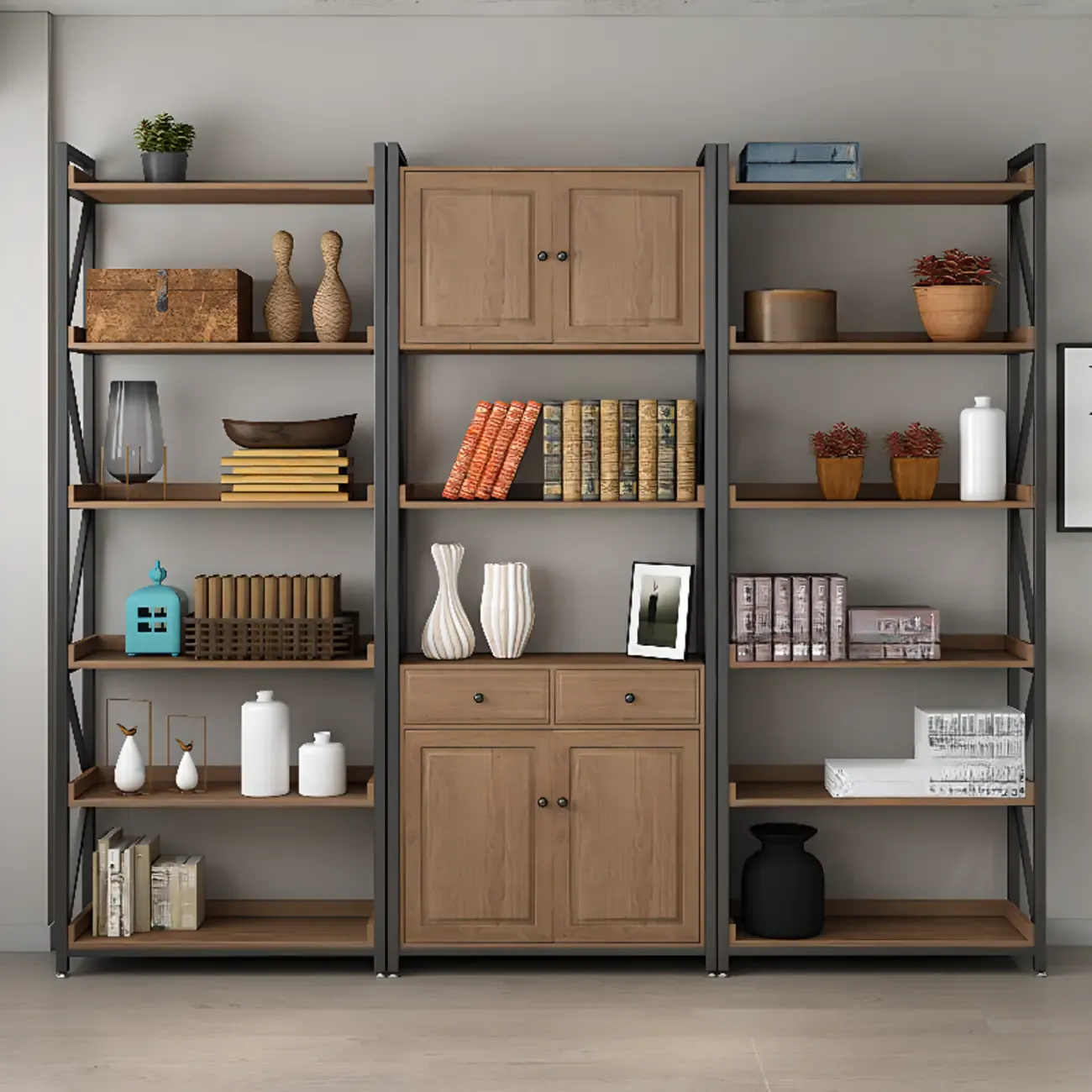 Rustic Brown Metal 6-shelf Open Bookcase with Cabinet Image - 1