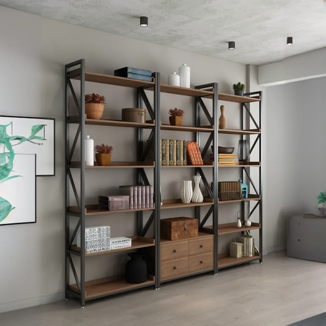 Rustic Brown Metal 6-shelf Open Bookcase with Cabinet Image - 2