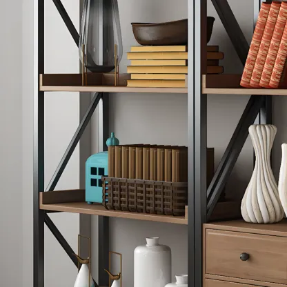 Rustic Brown Metal 6-shelf Open Bookcase with Cabinet Image - 11