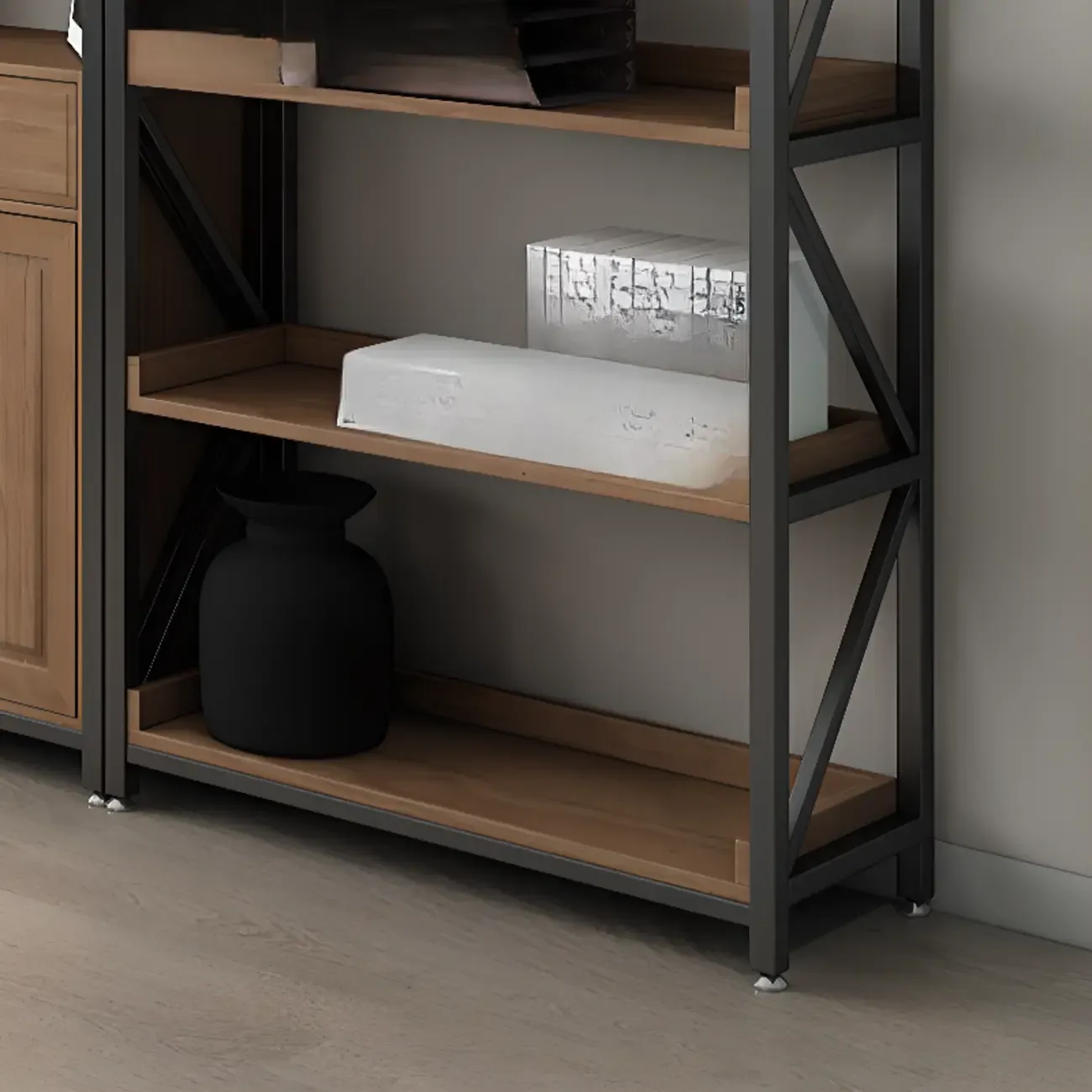 Rustic Brown Metal 6-shelf Open Bookcase with Cabinet Image - 14