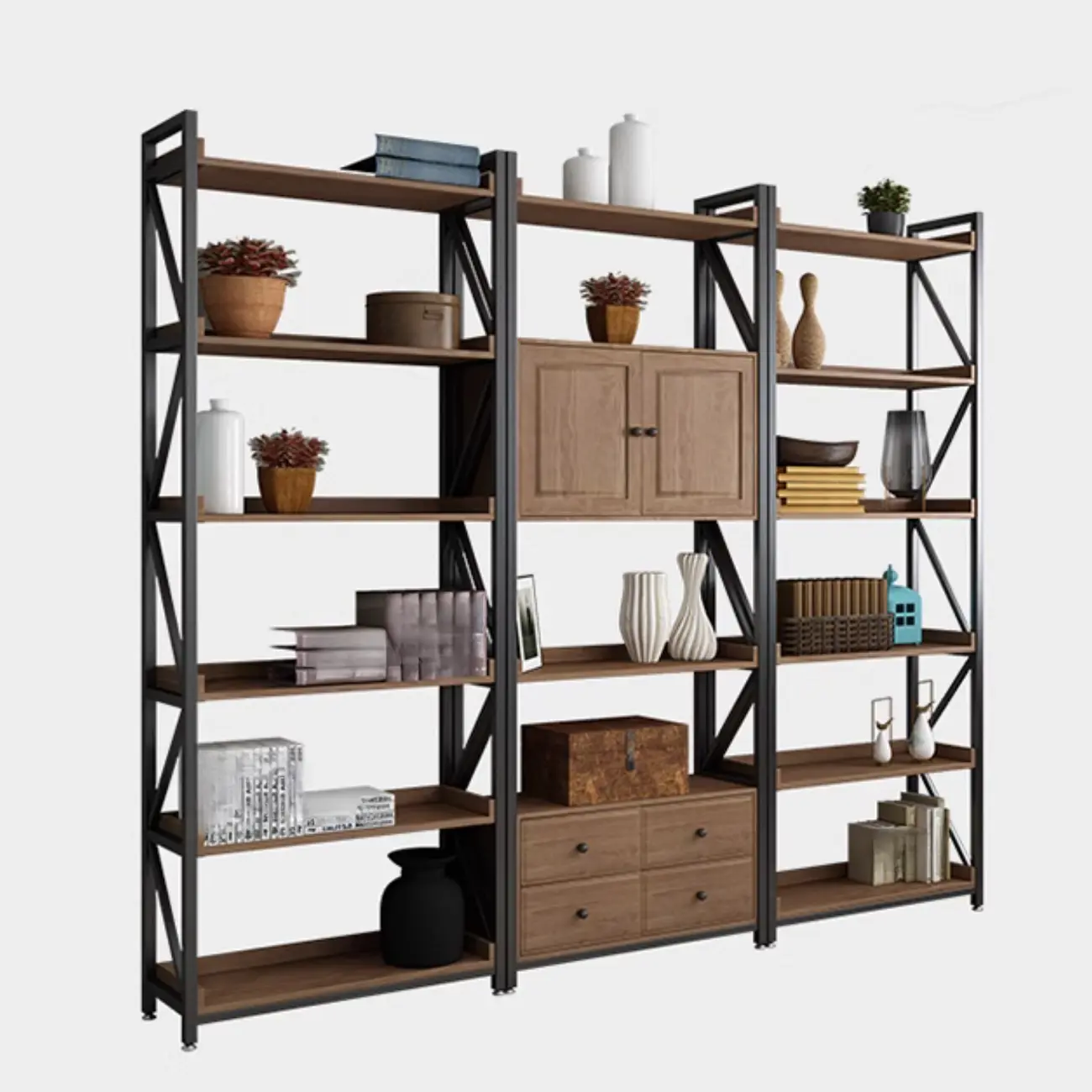 Rustic Brown Metal 6-shelf Open Bookcase with Cabinet Image - 18 | homeyfad