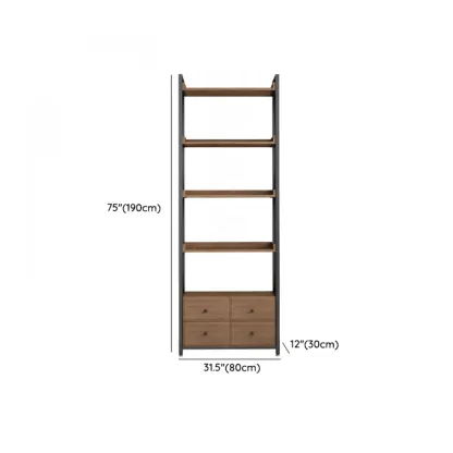 Rustic Brown Metal 6-shelf Open Bookcase with Cabinet Image - 45