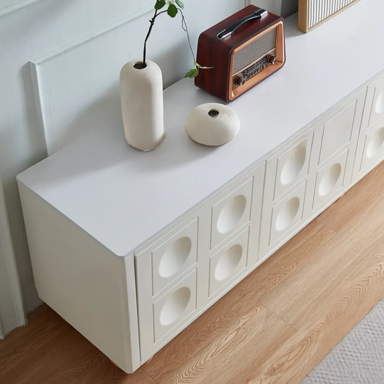 Elegant Stone Rectangular TV Stand with Shelves for Living Room Image - 8