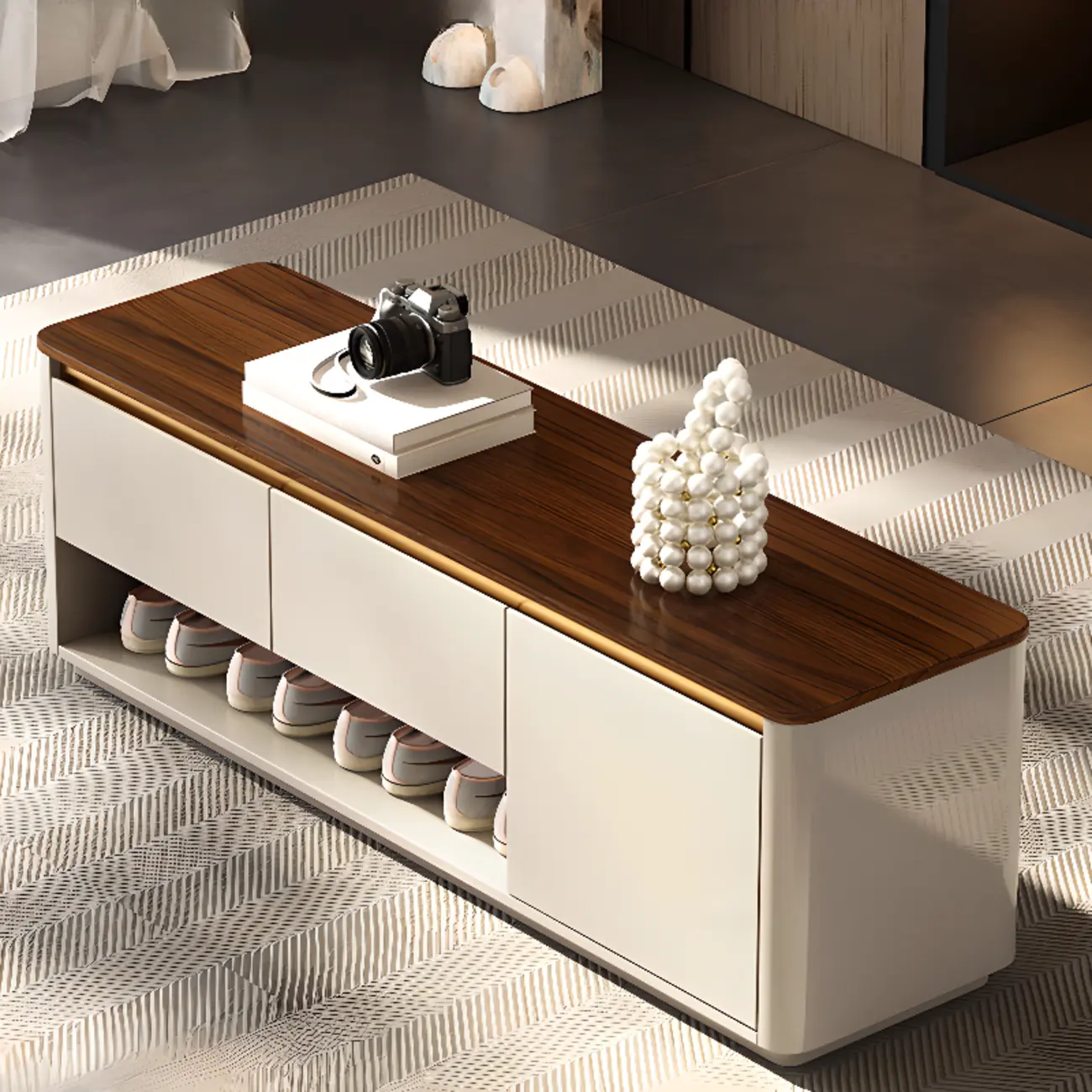 Luminous Low Wood Shoe Storage Bench for Entryway Image - 3 | homeyfad