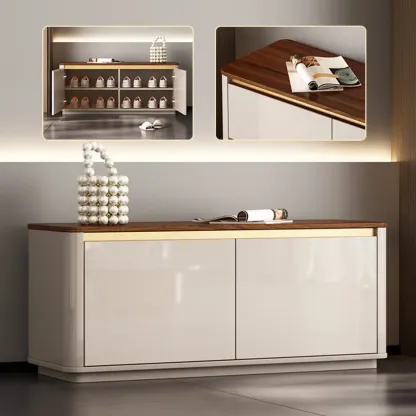 Luminous Low Wood Shoe Storage Bench for Entryway Image - 6