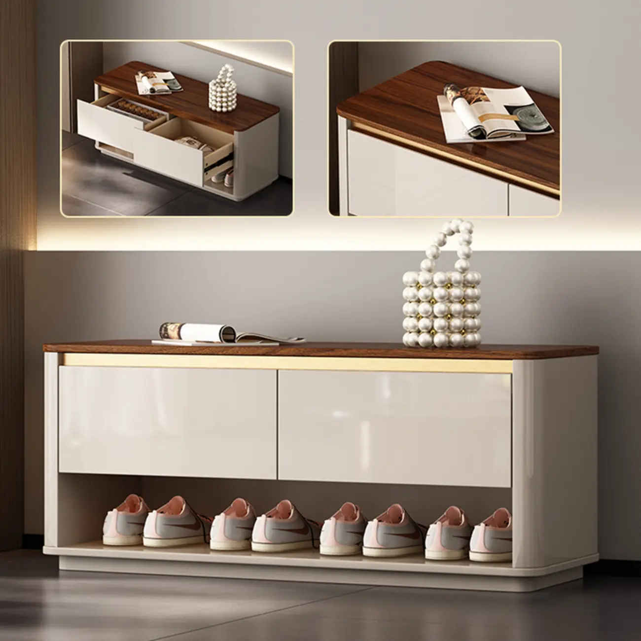 Luminous Low Wood Shoe Storage Bench for Entryway Image - 8 | homeyfad