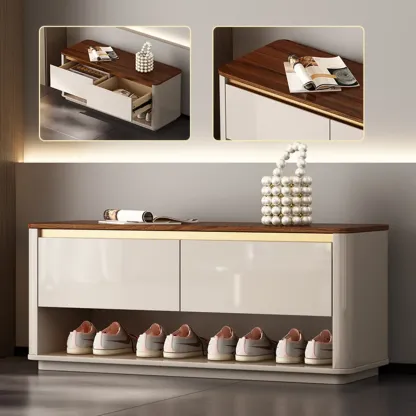Luminous Low Wood Shoe Storage Bench for Entryway Image - 8