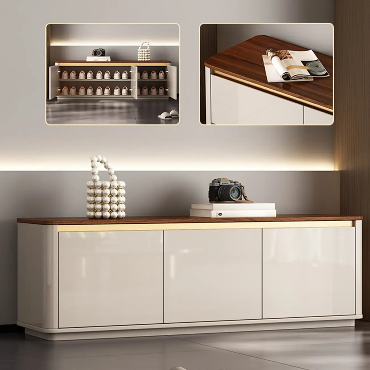 Luminous Low Wood Shoe Storage Bench for Entryway Image - 10 | homeyfad