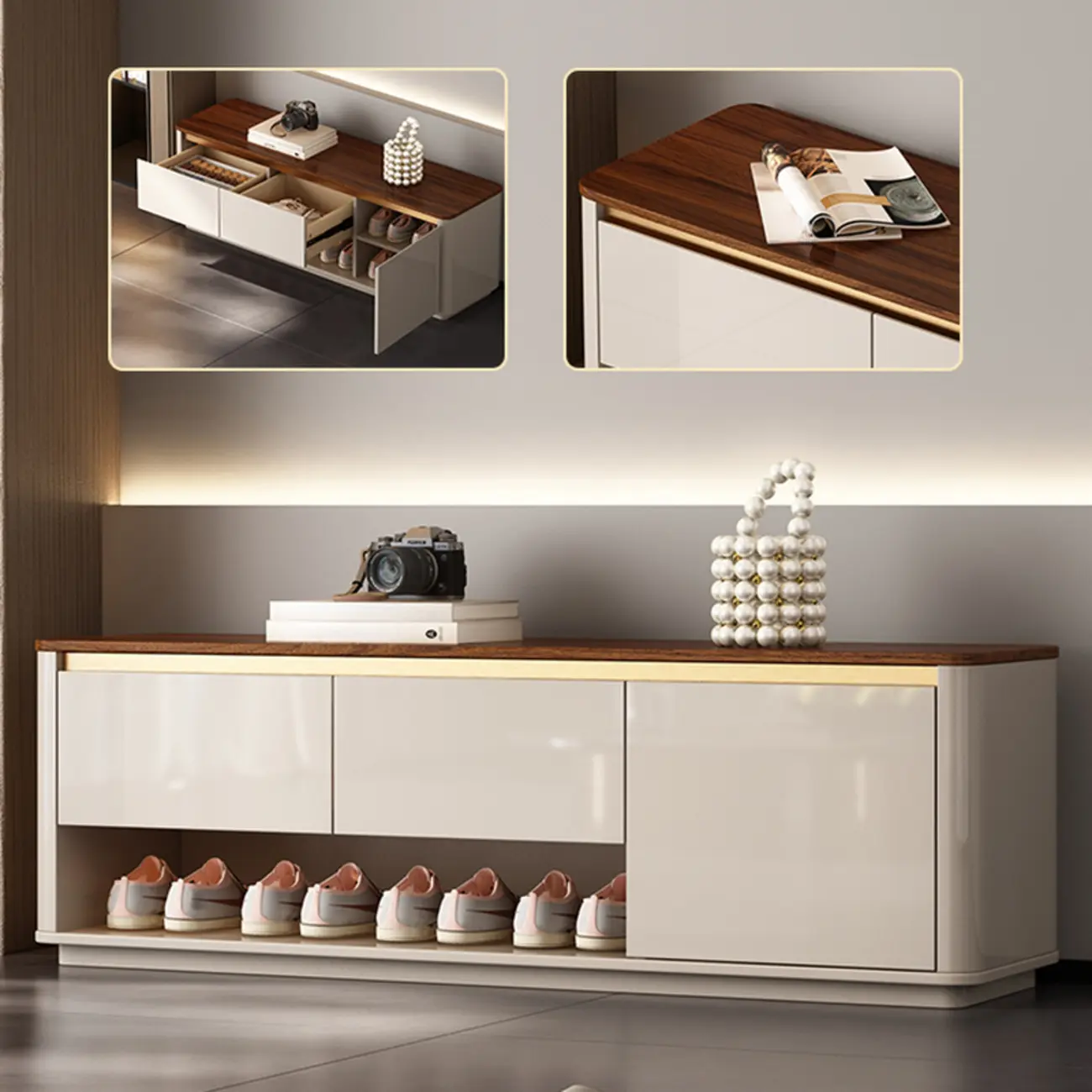 Luminous Low Wood Shoe Storage Bench for Entryway Image - 11 | homeyfad