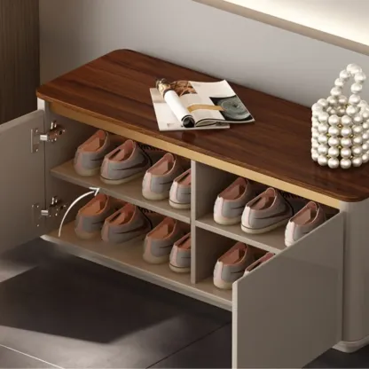 Luminous Low Wood Shoe Storage Bench for Entryway Image - 7