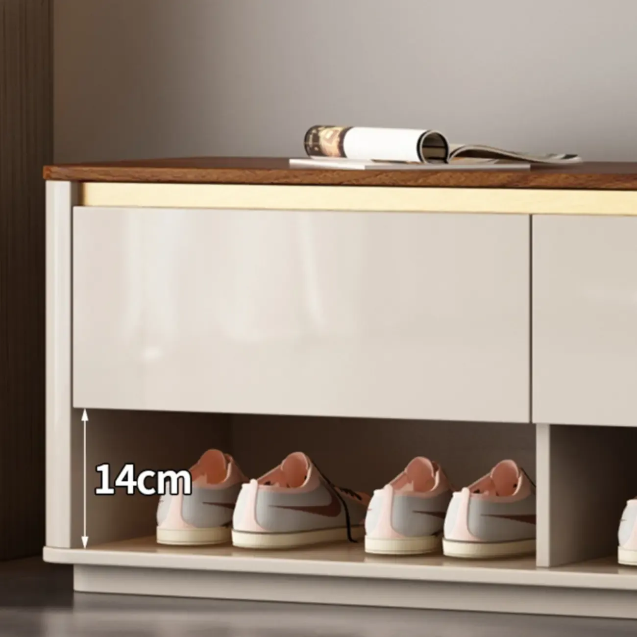Luminous Low Wood Shoe Storage Bench for Entryway Image - 14