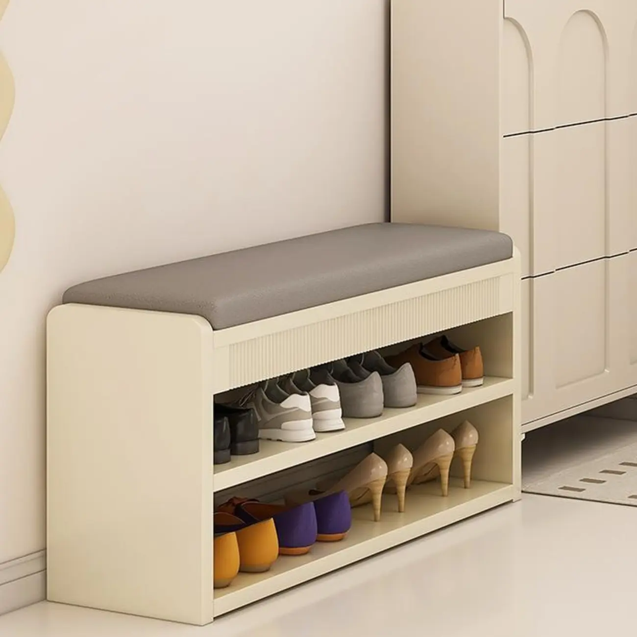 Compact Entryway Brown Wood Shoe Bench with Cushion Image - 2 | homeyfad