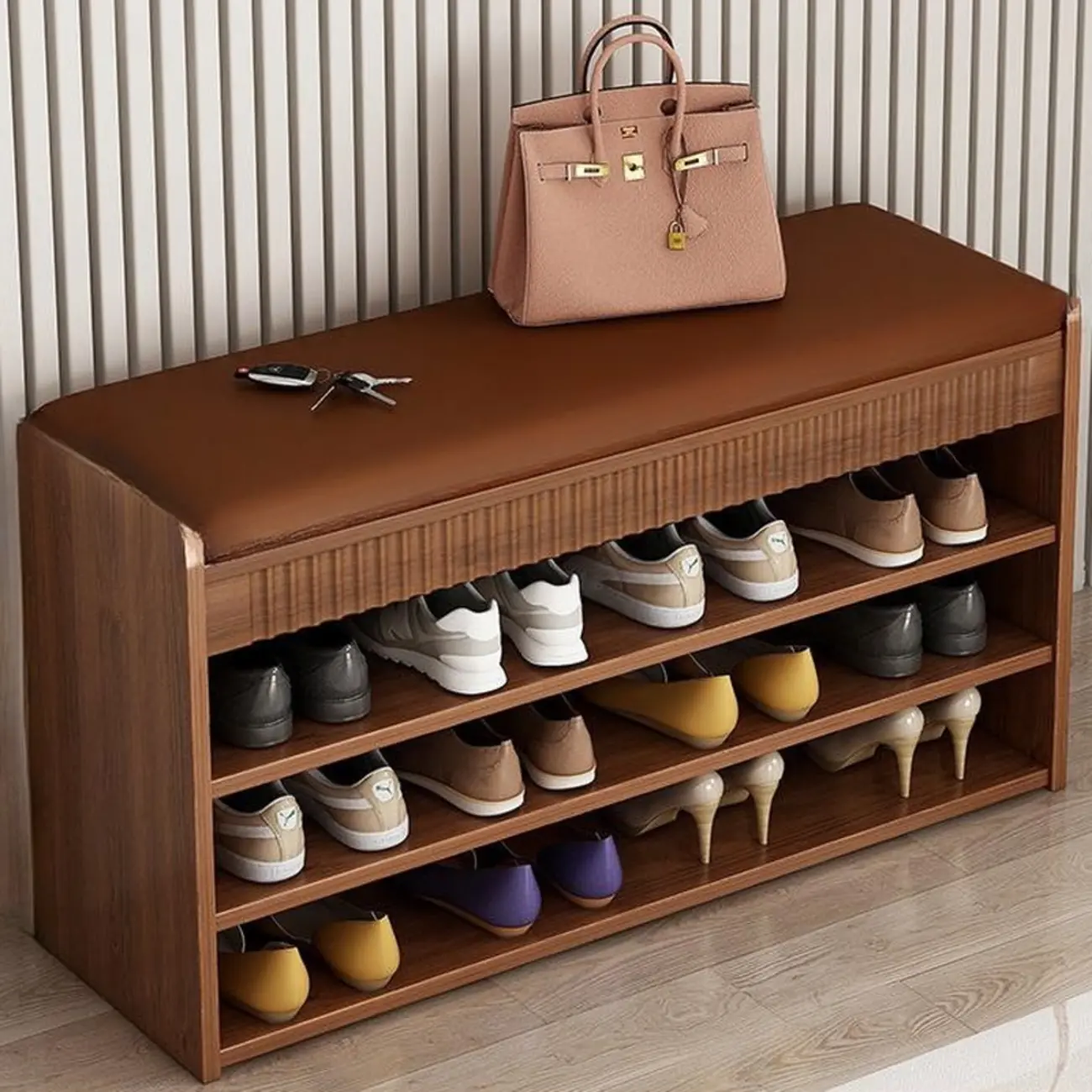 Compact Entryway Brown Wood Shoe Bench with Cushion Image - 1 | homeyfad