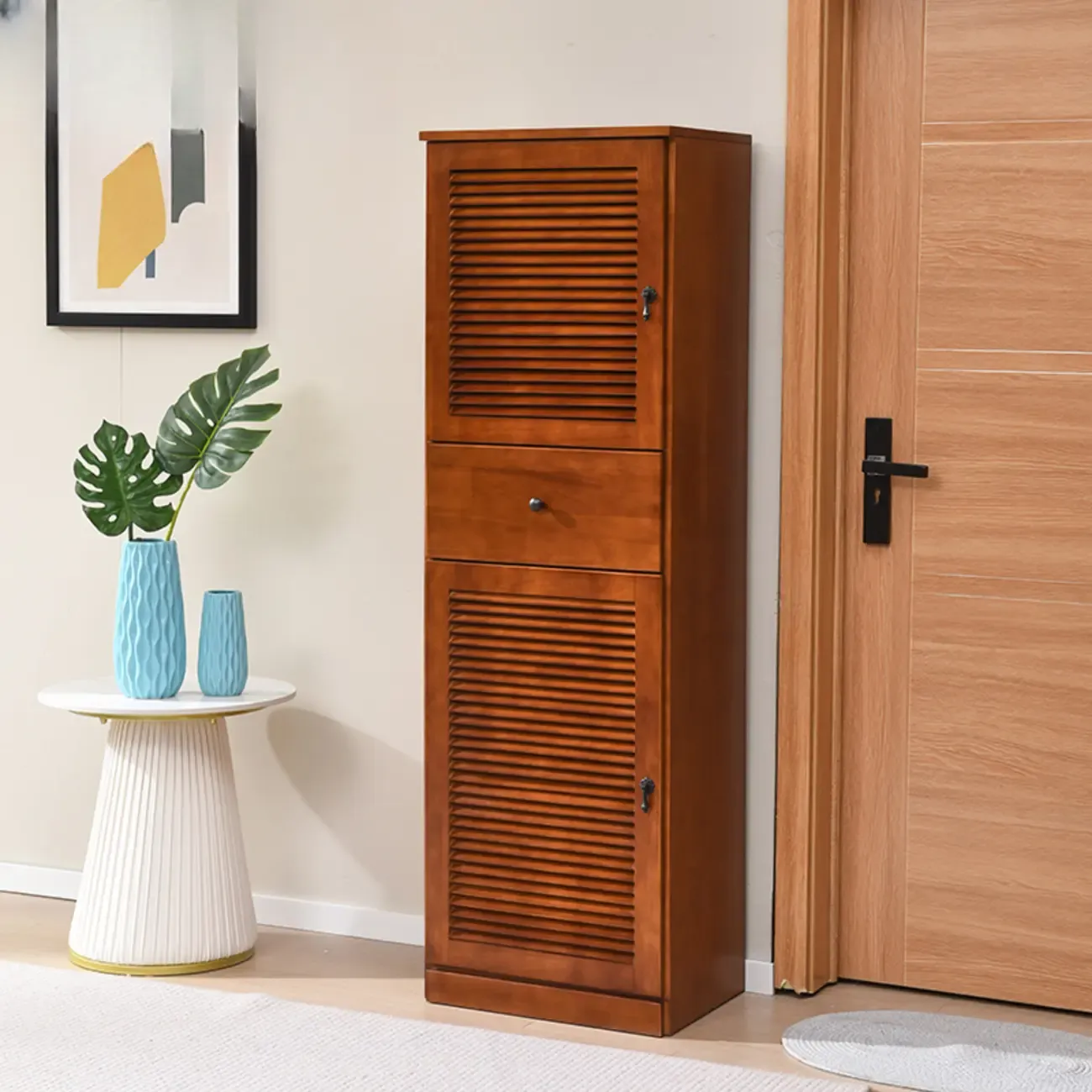 Nordic Tall Beige Solid Wood Shoe Cabinet for Entryway Image - 2