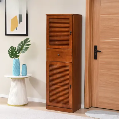 Nordic Tall Beige Solid Wood Shoe Cabinet for Entryway Image - 2
