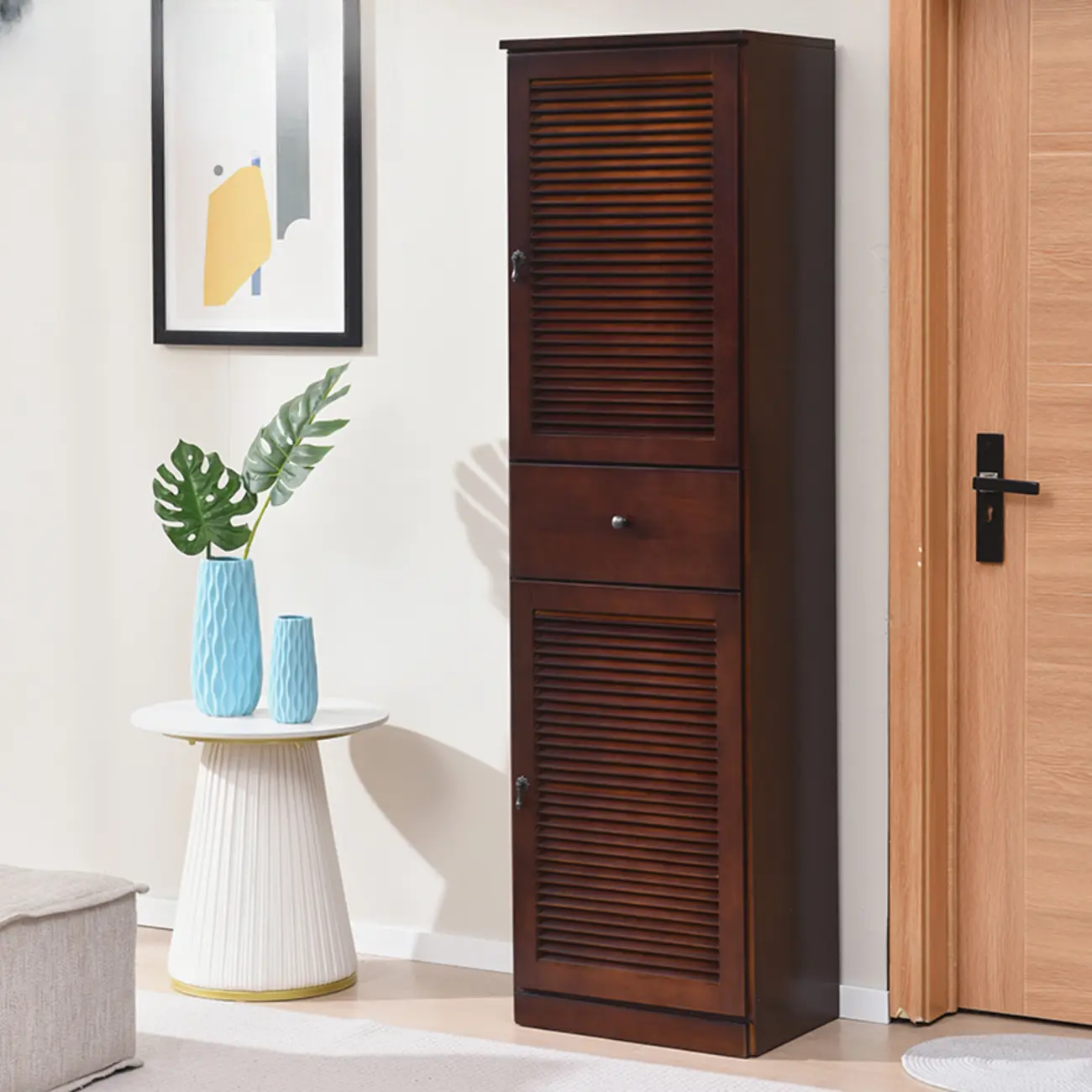 Nordic Tall Beige Solid Wood Shoe Cabinet for Entryway Image - 3 | homeyfad