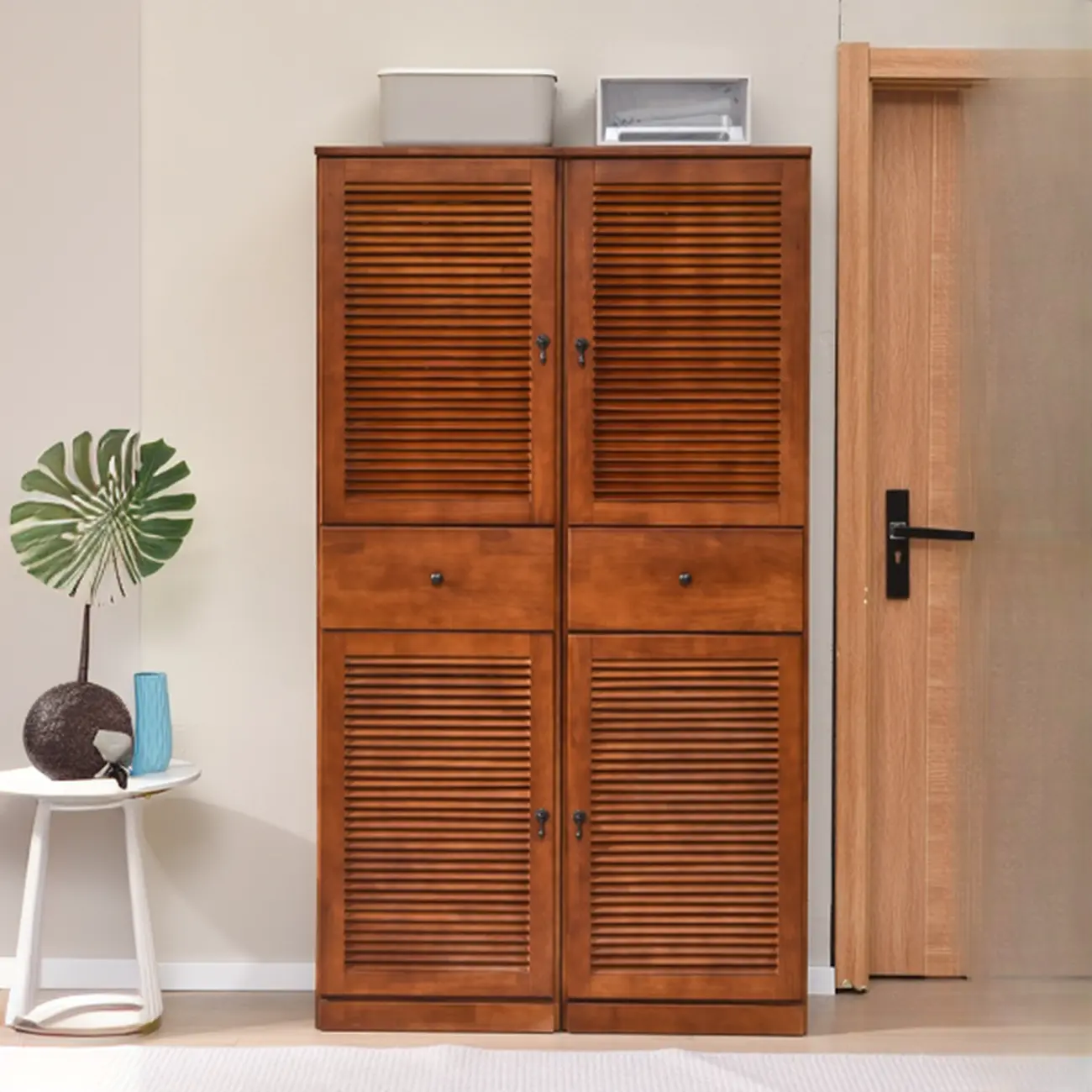 Nordic Tall Beige Solid Wood Shoe Cabinet for Entryway Image - 4 | homeyfad