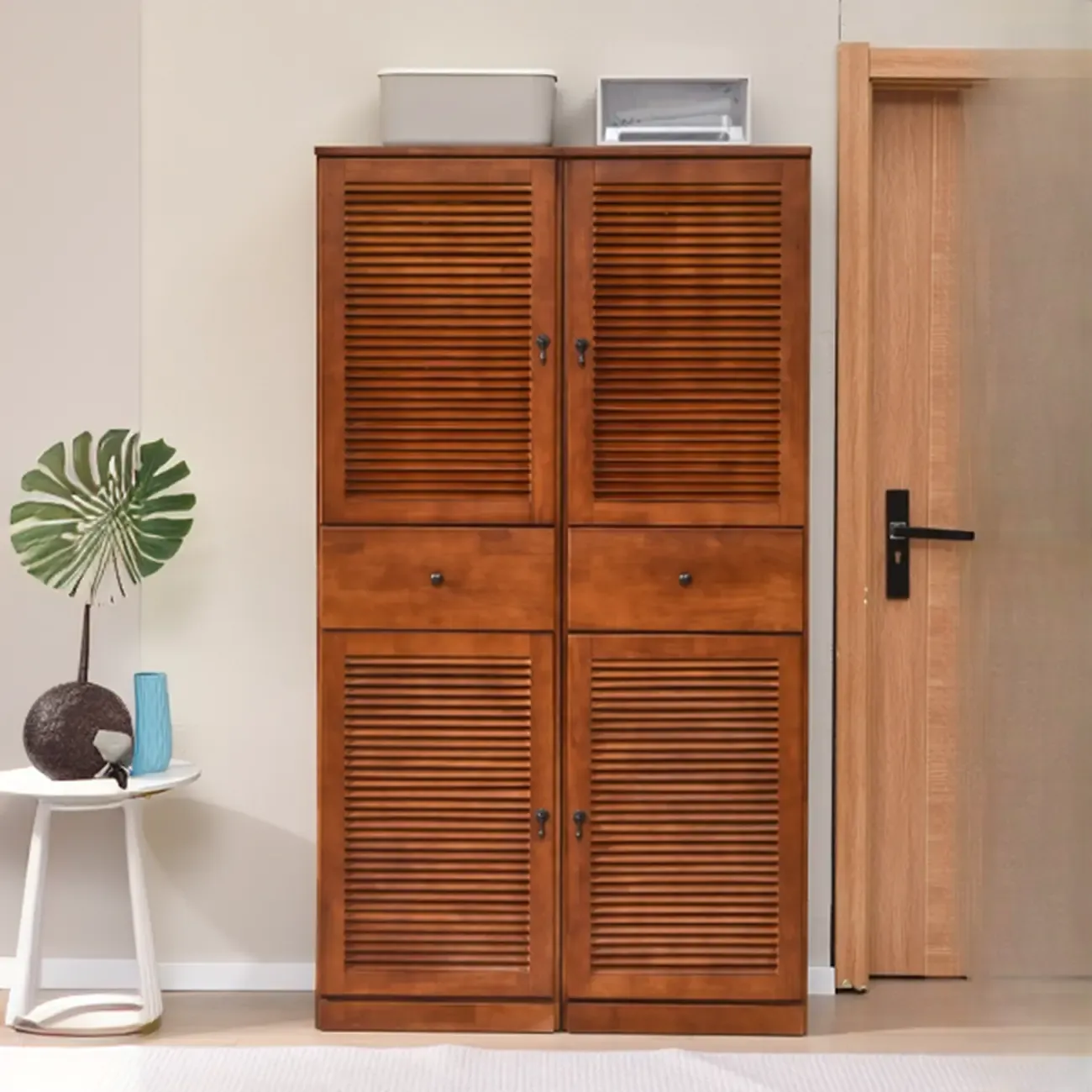 Nordic Tall Beige Solid Wood Shoe Cabinet for Entryway Image - 4