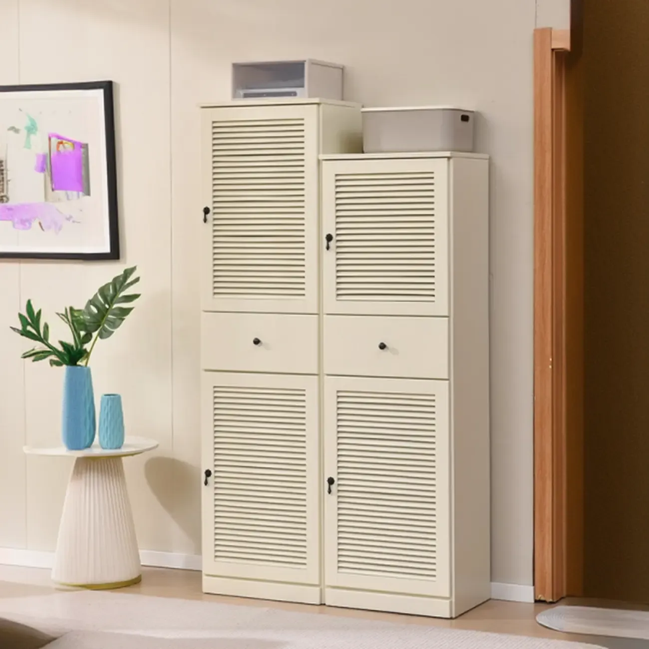 Nordic Tall Beige Solid Wood Shoe Cabinet for Entryway Image - 5