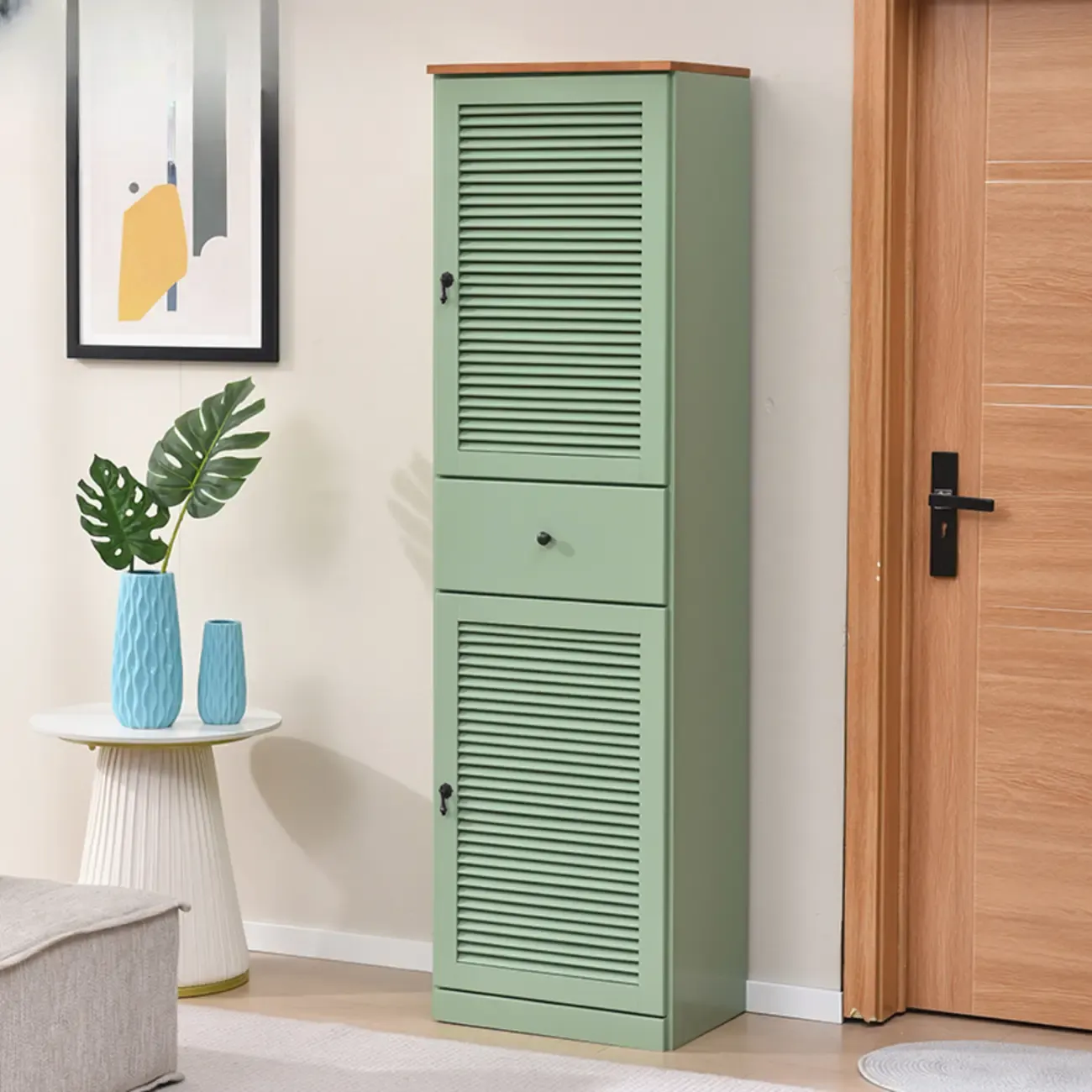 Nordic Tall Beige Solid Wood Shoe Cabinet for Entryway Image - 6