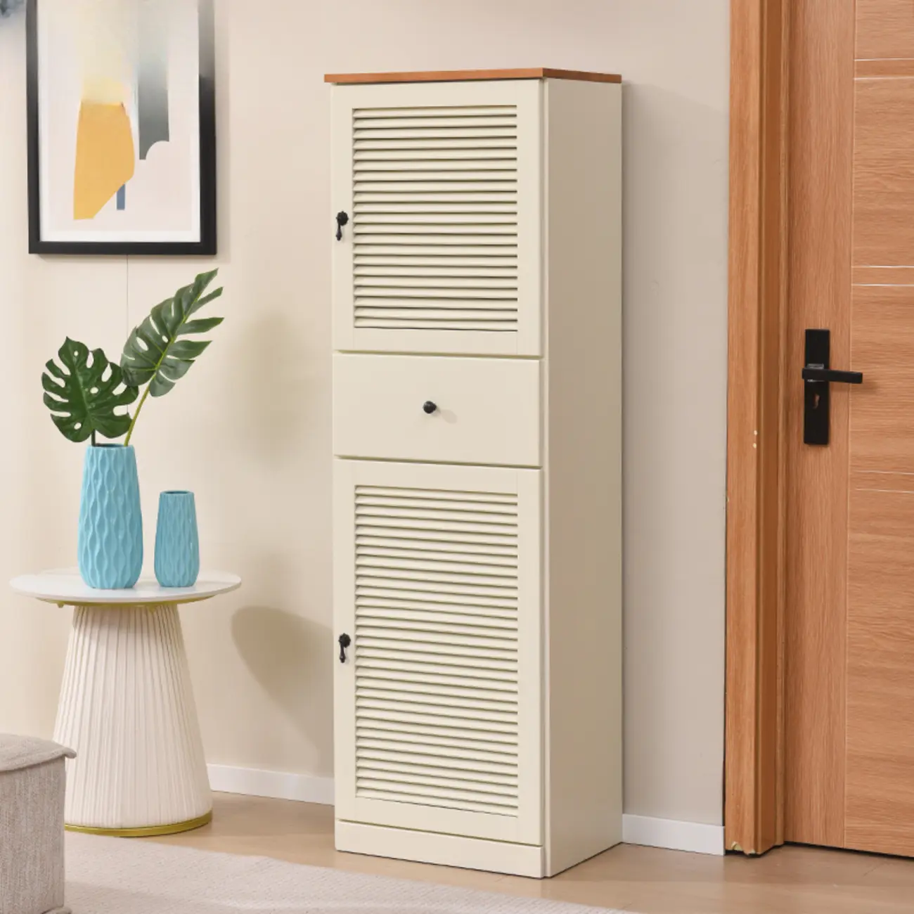 Nordic Tall Beige Solid Wood Shoe Cabinet for Entryway Image - 7 | homeyfad