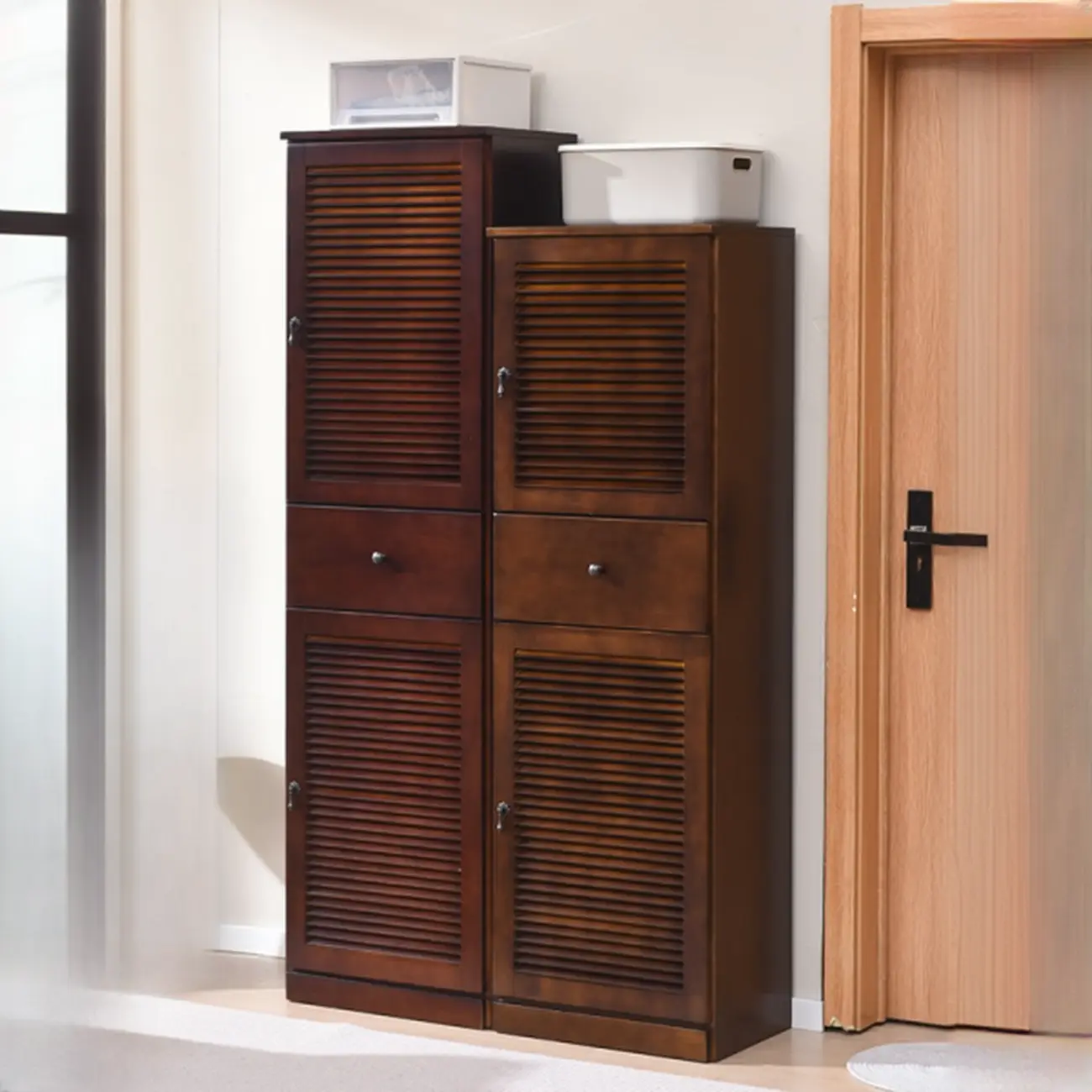 Nordic Tall Beige Solid Wood Shoe Cabinet for Entryway Image - 8 | homeyfad