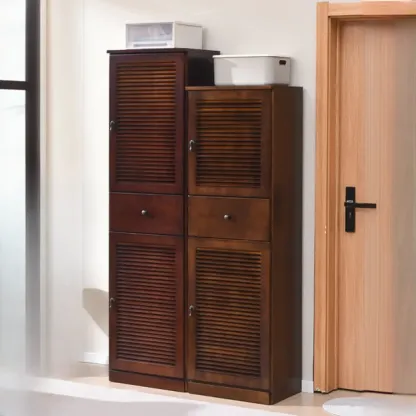 Nordic Tall Beige Solid Wood Shoe Cabinet for Entryway Image - 8