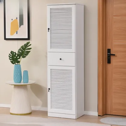 Nordic Tall Beige Solid Wood Shoe Cabinet for Entryway Image - 9