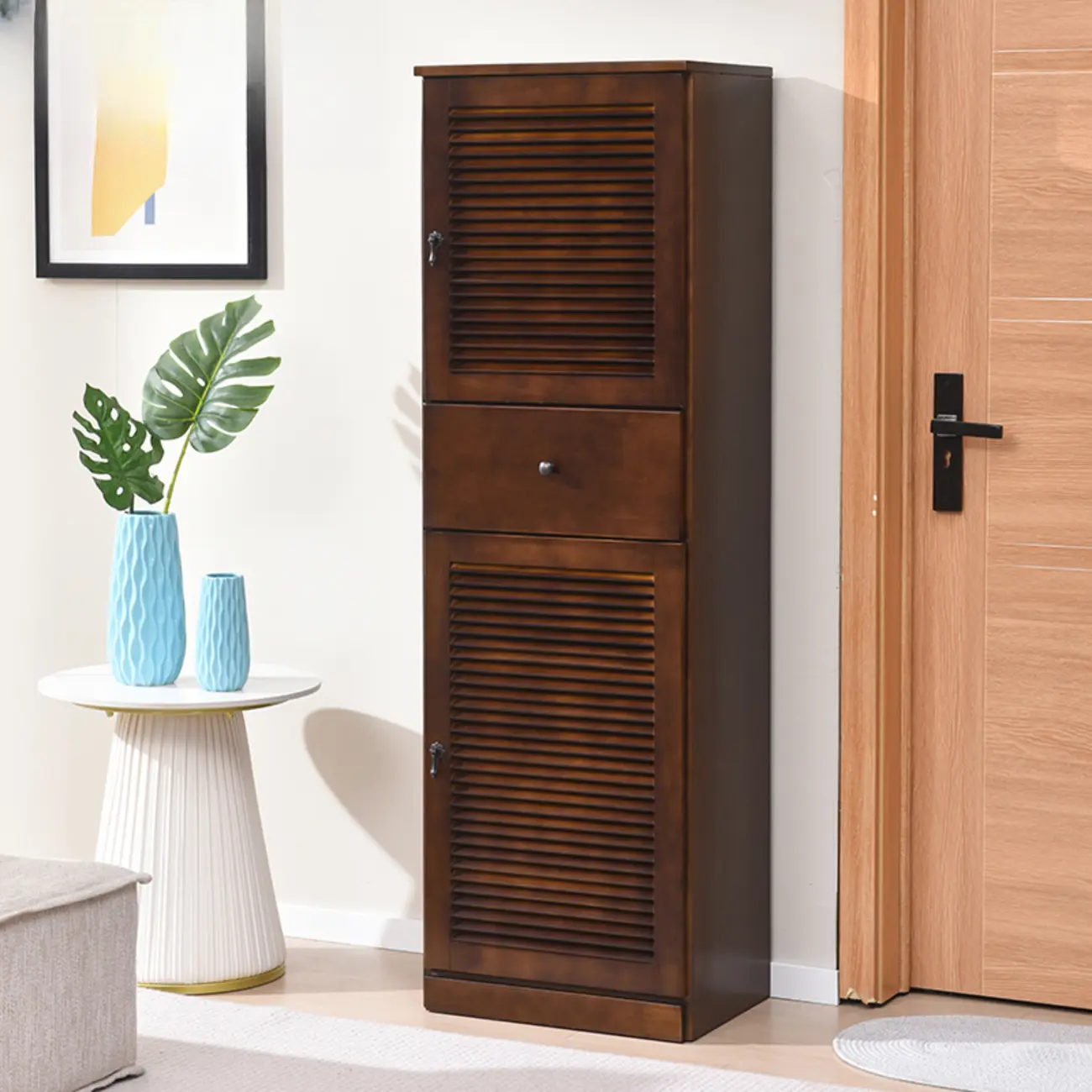 Nordic Tall Beige Solid Wood Shoe Cabinet for Entryway Image - 12 | homeyfad
