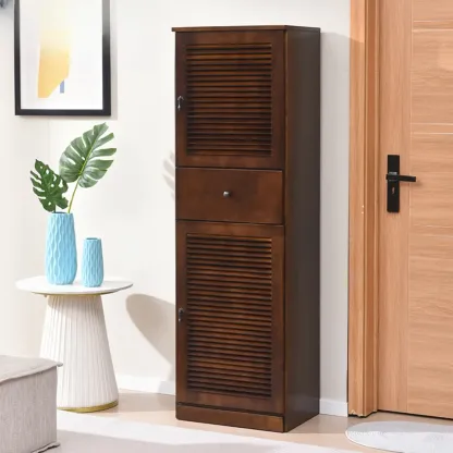 Nordic Tall Beige Solid Wood Shoe Cabinet for Entryway Image - 12