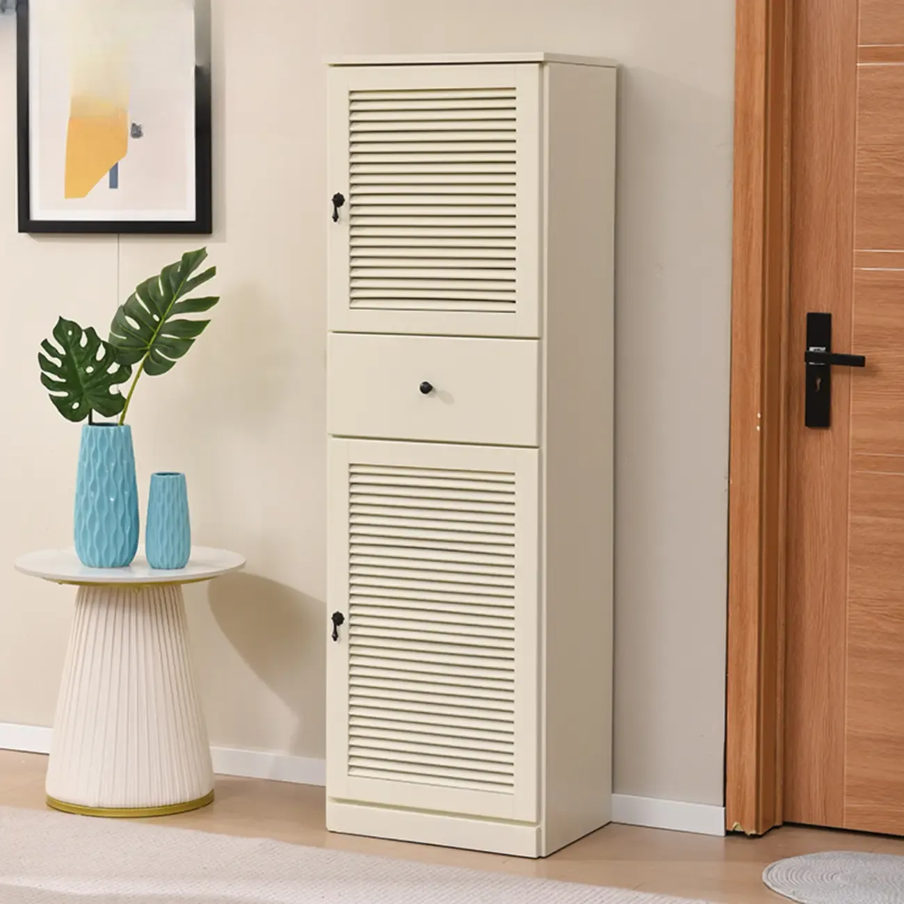 Nordic Tall Beige Solid Wood Shoe Cabinet for Entryway Image - 13