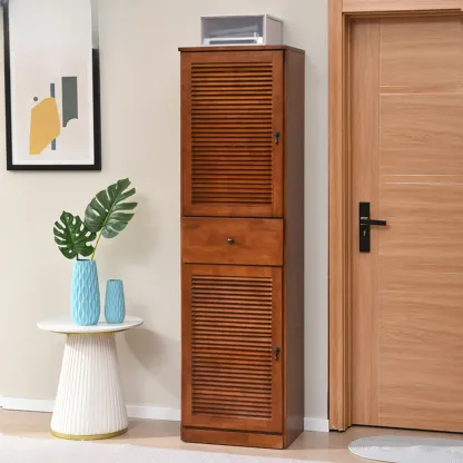 Nordic Tall Beige Solid Wood Shoe Cabinet for Entryway Image - 19