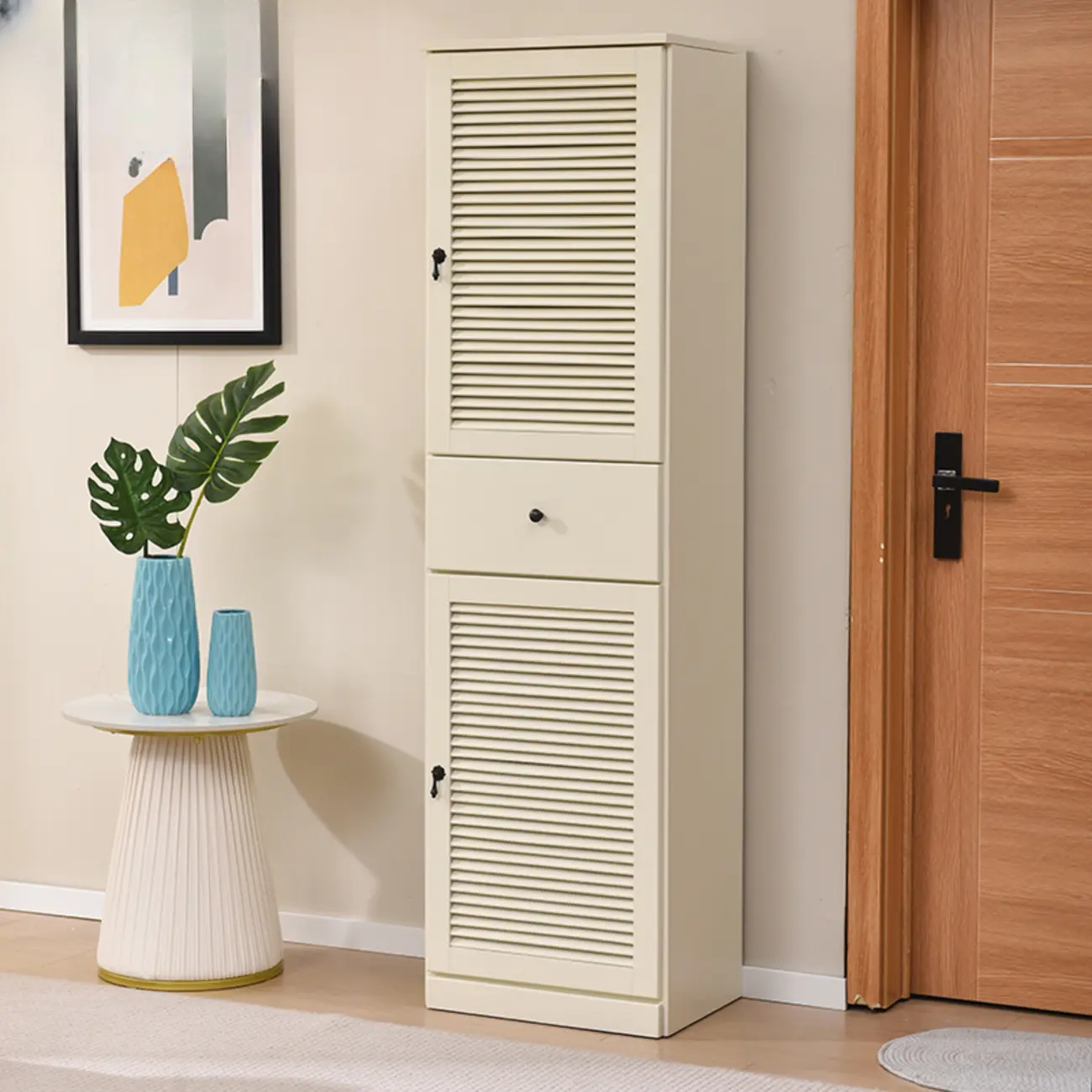 Nordic Tall Beige Solid Wood Shoe Cabinet for Entryway Image - 23 | homeyfad