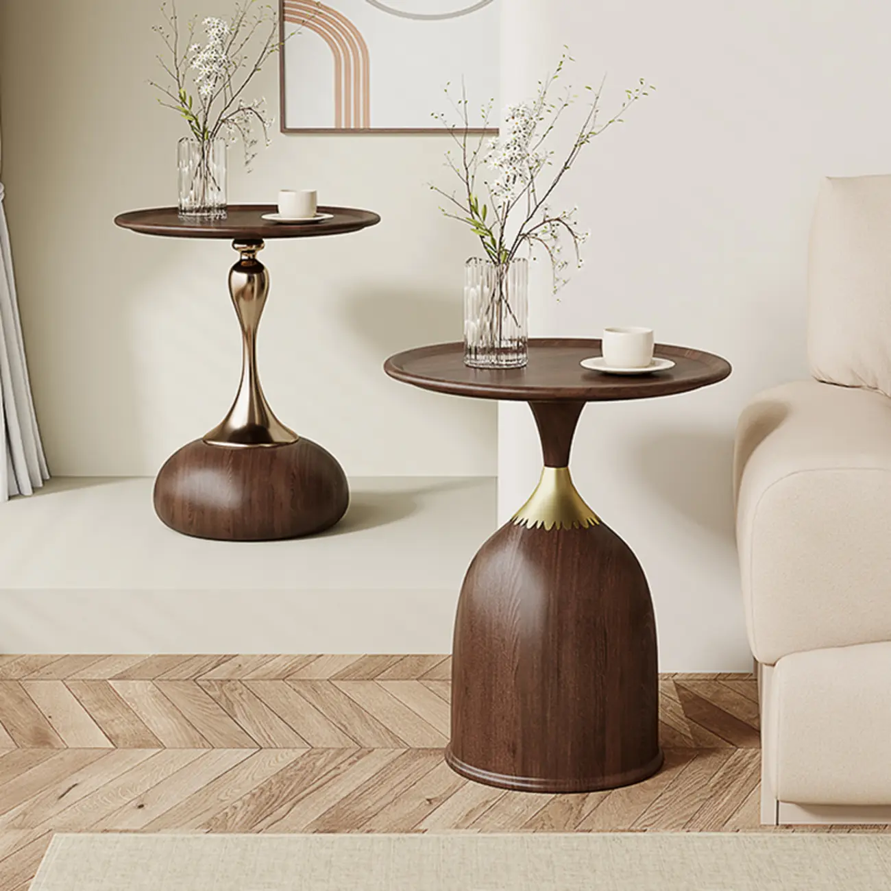 Walnut Steel Round End Table with Abstract Base Image - 1 | homeyfad