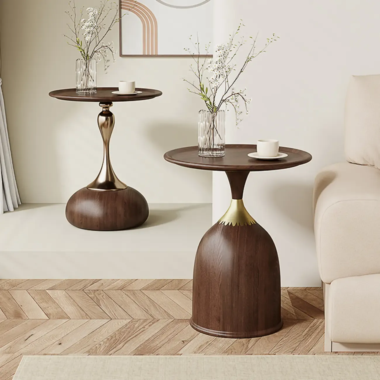 Walnut Steel Round End Table with Abstract Base Image - 1