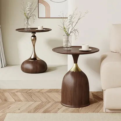 Walnut Steel Round End Table with Abstract Base Image - 1