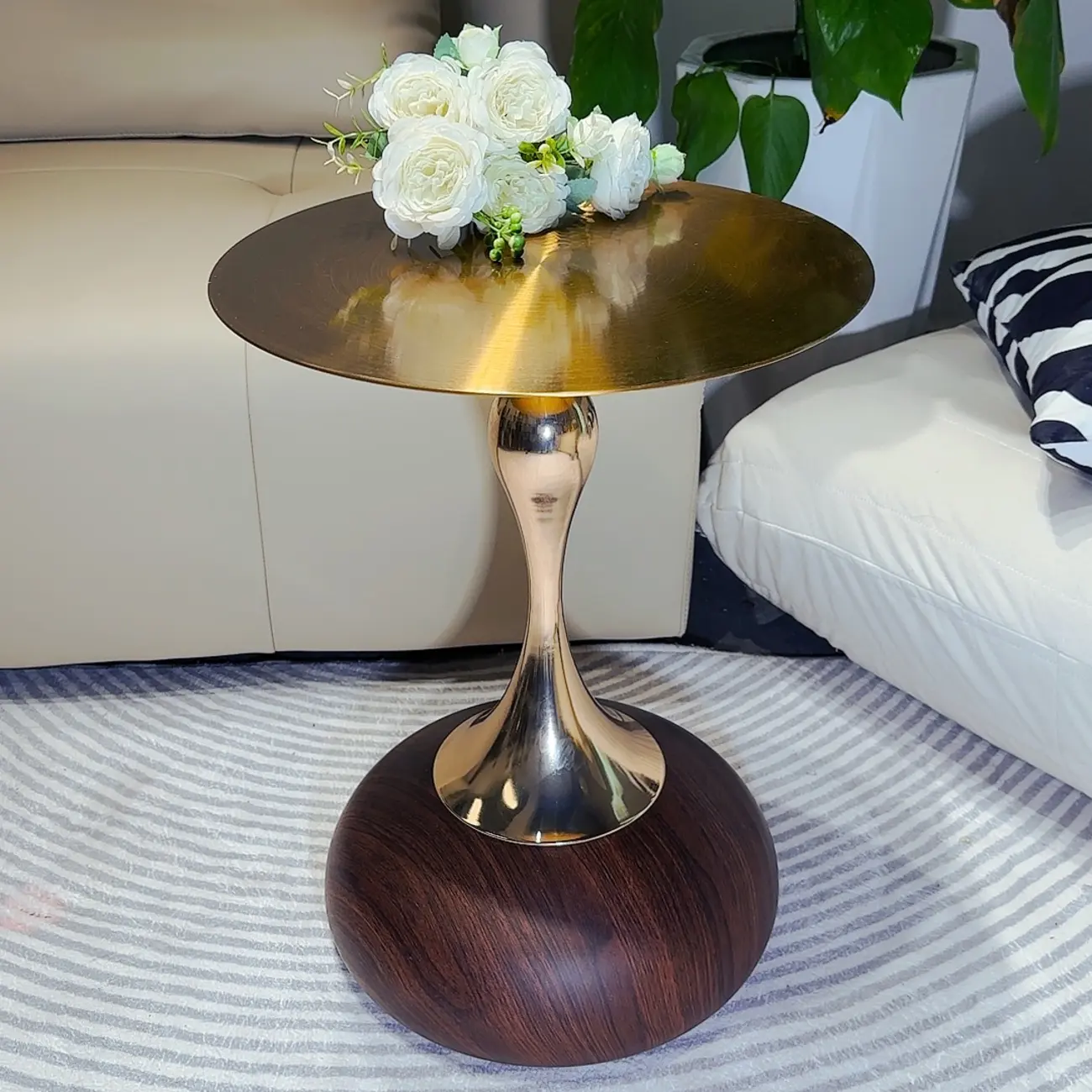 Walnut Steel Round End Table with Abstract Base Image - 2 | homeyfad