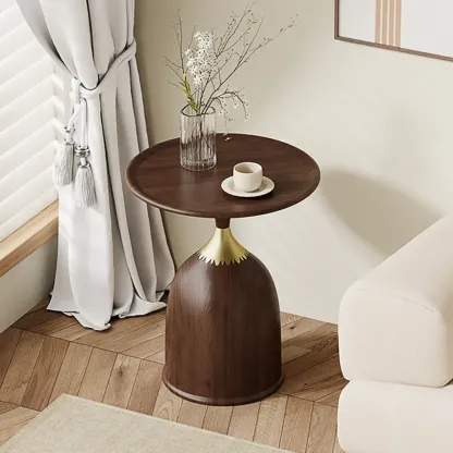Walnut Steel Round End Table with Abstract Base Image - 3