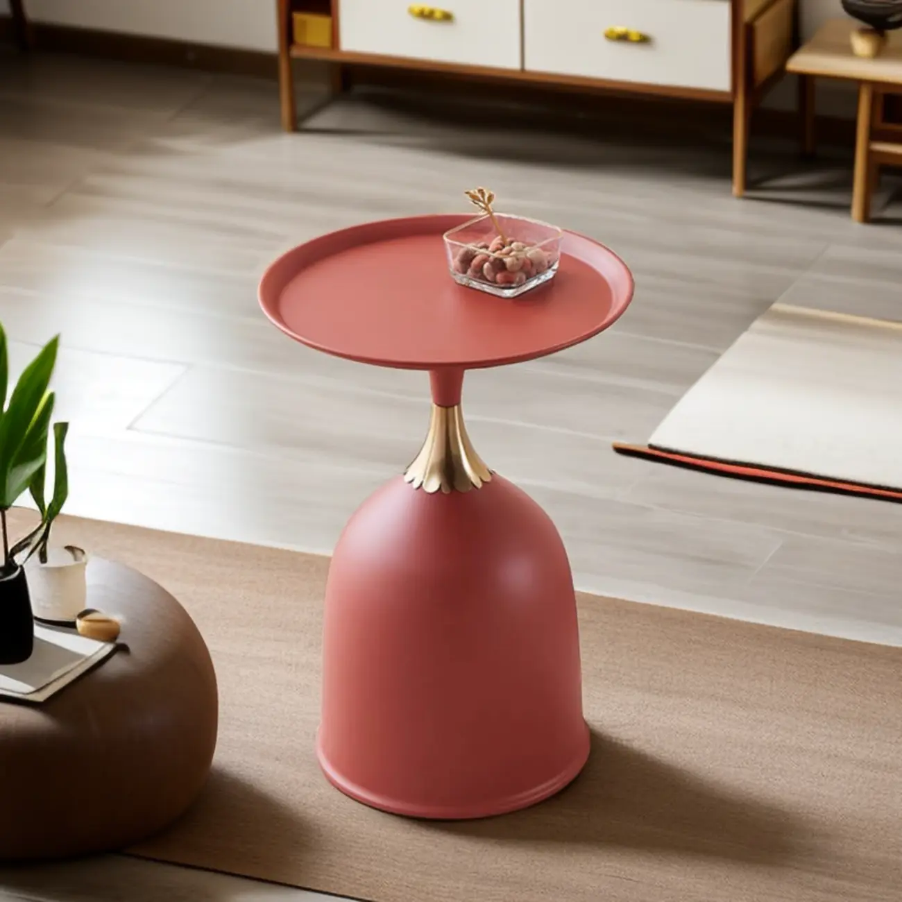 Walnut Steel Round End Table with Abstract Base Image - 4 | homeyfad