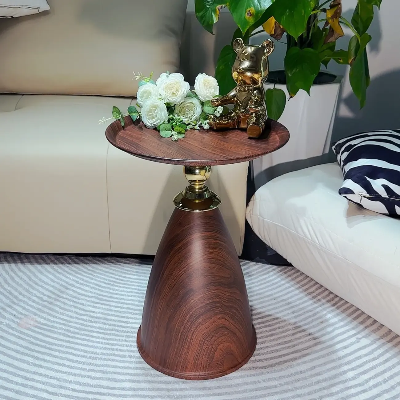 Walnut Steel Round End Table with Abstract Base Image - 5