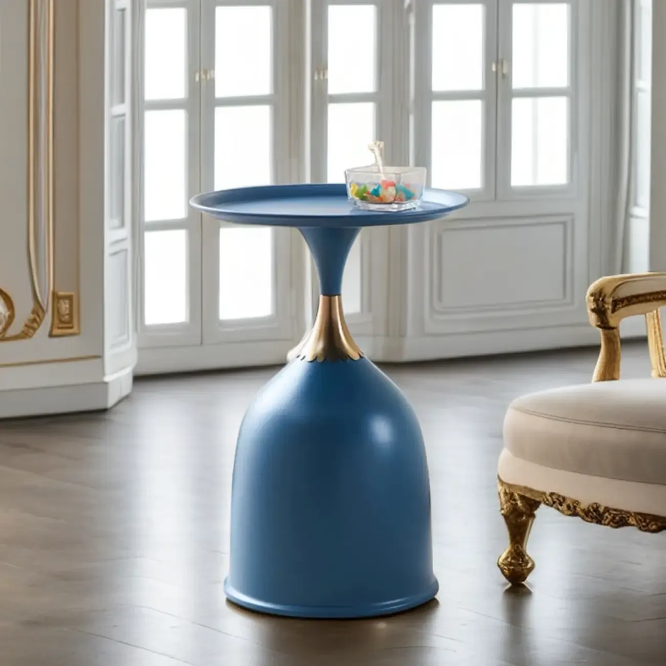 Walnut Steel Round End Table with Abstract Base Image - 6