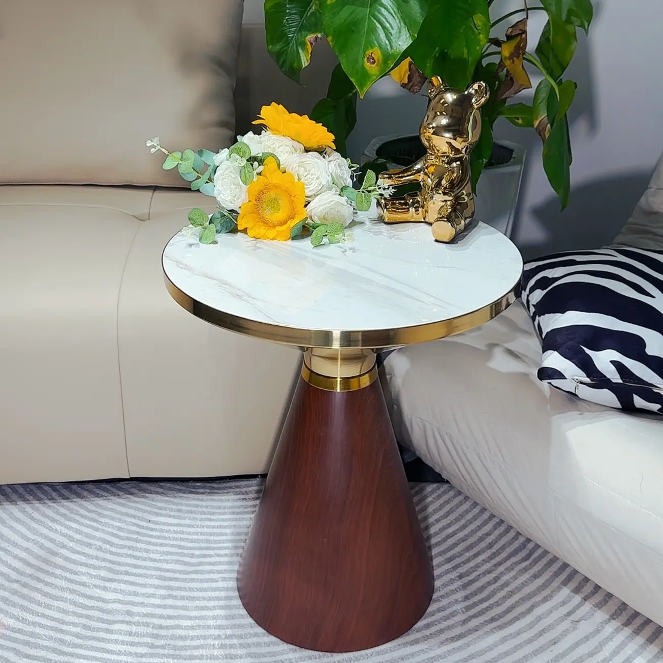 Walnut Steel Round End Table with Abstract Base Image - 9 | homeyfad