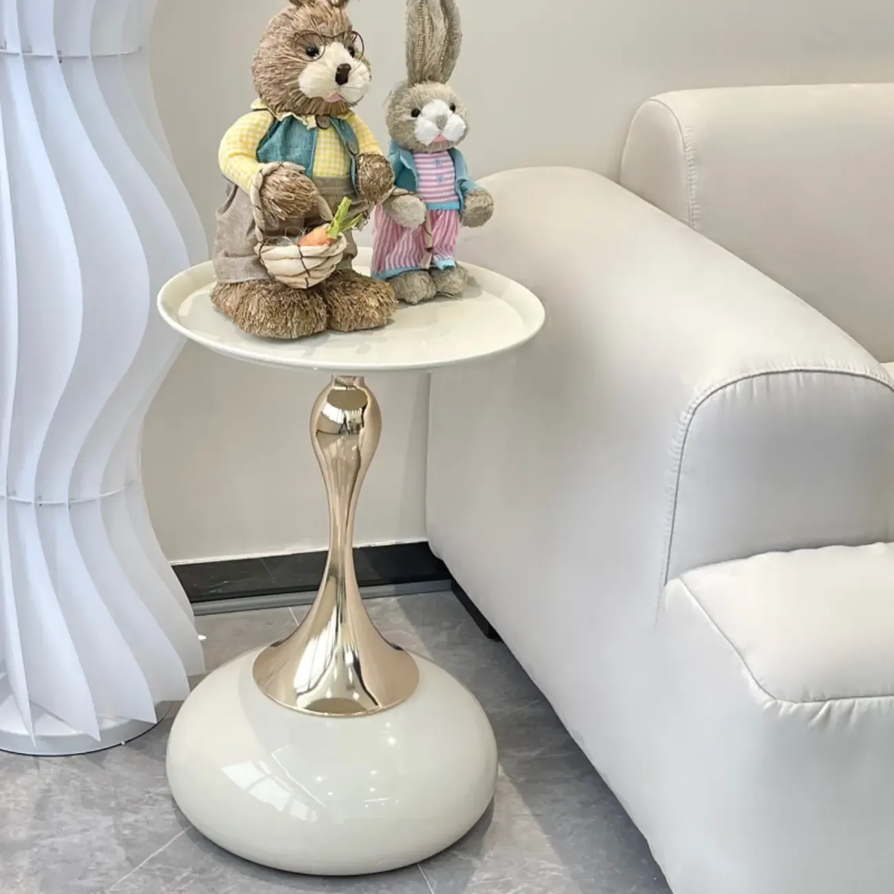 Walnut Steel Round End Table with Abstract Base Image - 10