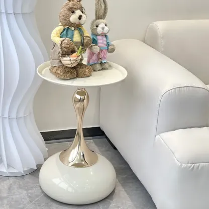 Walnut Steel Round End Table with Abstract Base Image - 10