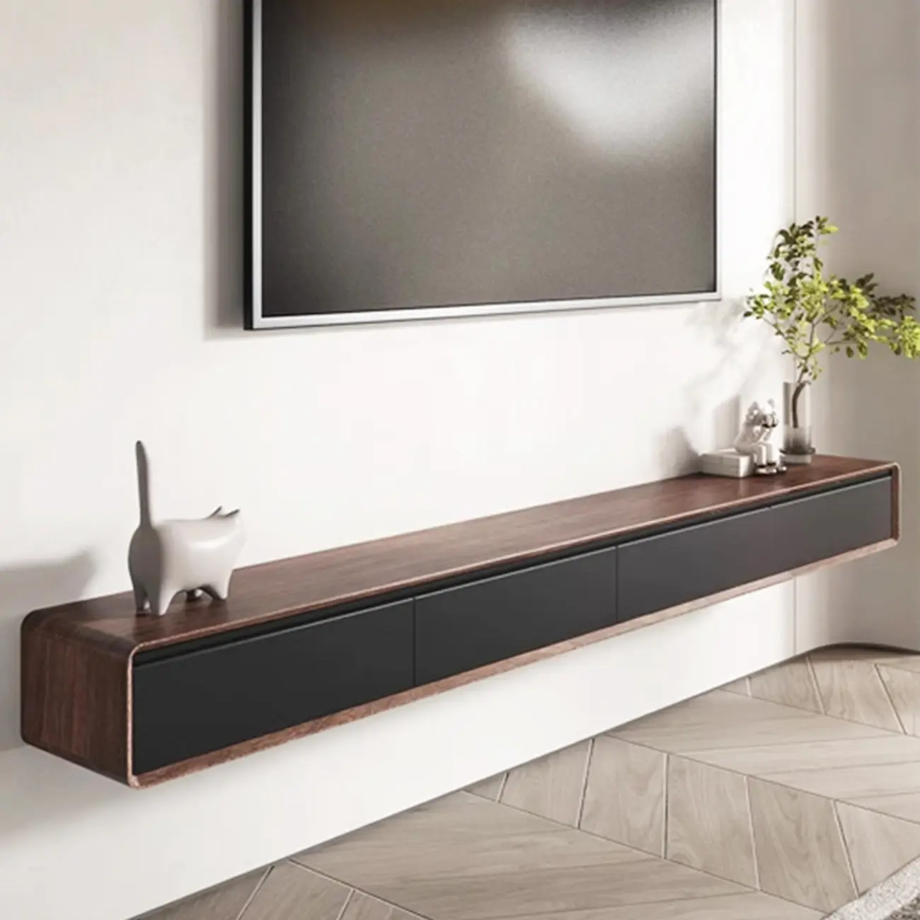Walnut-Black Wood Drawers Floating Mount TV Stand Wall-Mounted Image - 1 | homeyfad