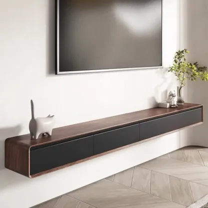 Walnut-Black Wood Drawers Floating Mount TV Stand Wall-Mounted Image - 1