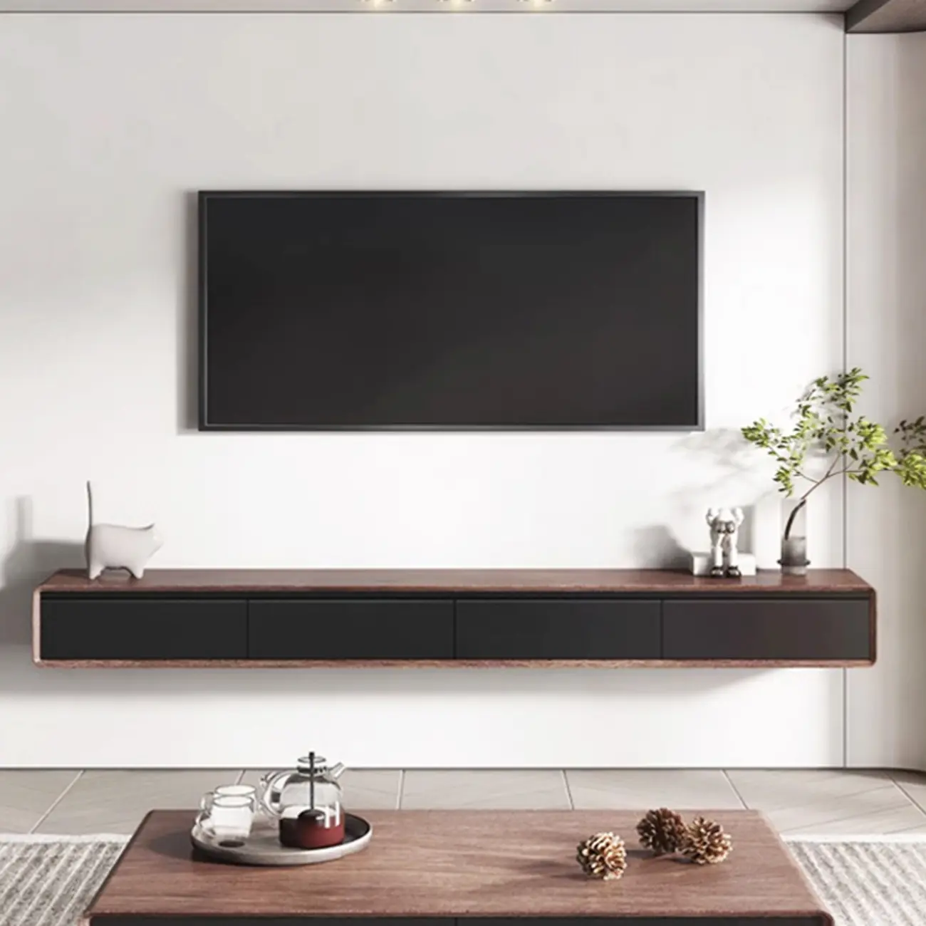 Walnut-Black Wood Drawers Floating Mount TV Stand Wall-Mounted Image - 2 | homeyfad